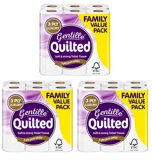3 X Gentille Quilted Bathroom Tissue - 18 Pack