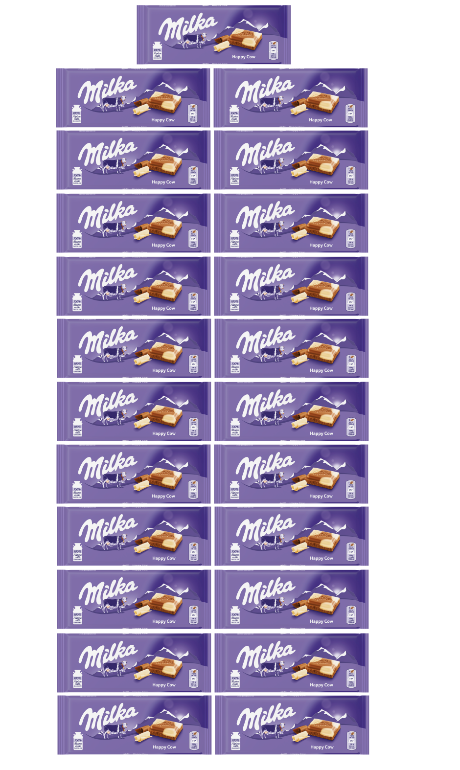 23 x Milka Happy Cows Milk And White Choc Bar 100Gm