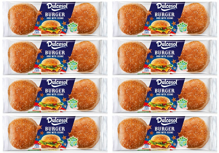 8 x Dulcesol Burger Buns Sesame Seeds 6 Pack - 300Gm