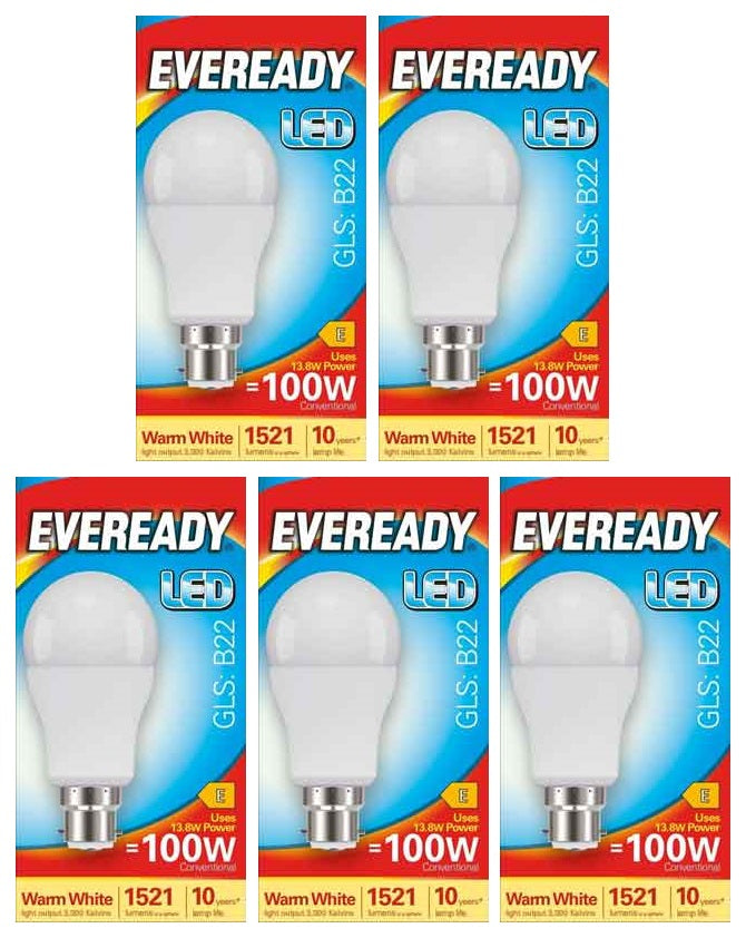 5 x Eveready Led Bulb Warm White Bc 13.2W - Single