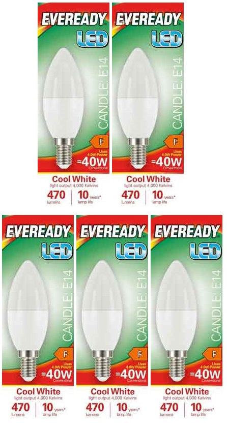 5 x Eveready Led Candle Bulb Cool White Ses 6W - Single