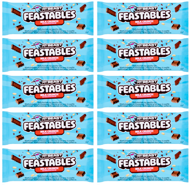 10 x Mr Beast Feastables Milk Chocolate Crunch - 60GM