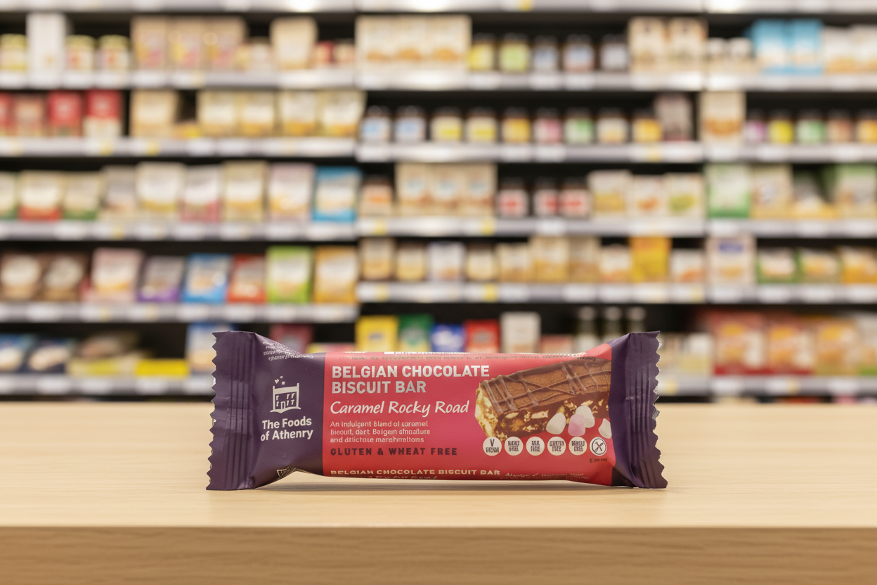 20 x The Foods Of Athenry Belgian Chocolate Biscuit Bar Caramel Rocky Road 55G