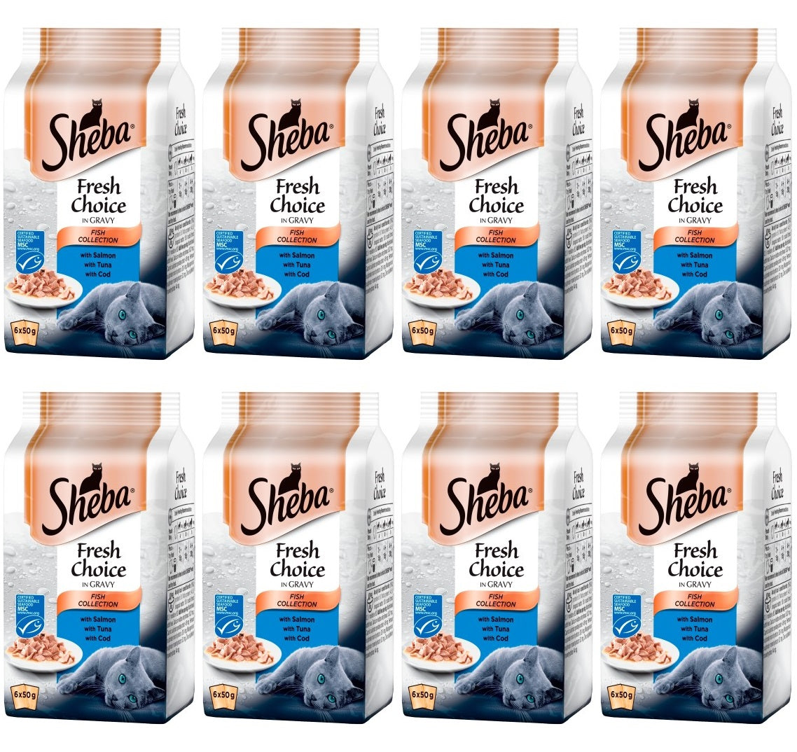 8 x Sheba Fresh & Fine Wet Cat Food Pouches Tuna & Cod In Gravy 6 X 50G