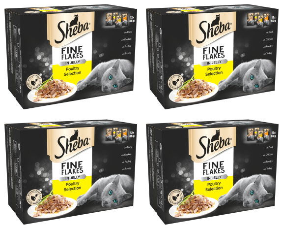 4 X Sheba Fine Flakes Cat Pouch Poultry In Jelly 12X85G