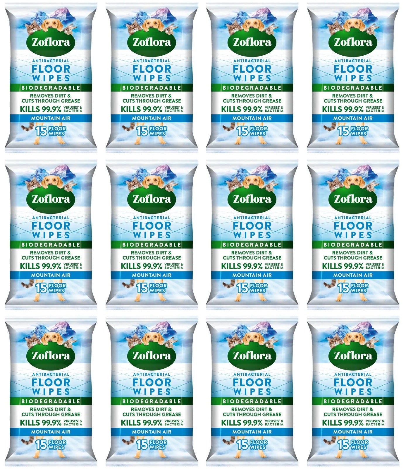 12 x Zoflora Floor Wipes Mountain Air - 15 PACK