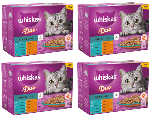 4 x Whiskas Cat 1+ Pouch Jelly Duo Surf & Turf 12 Pack - 12X85Gm