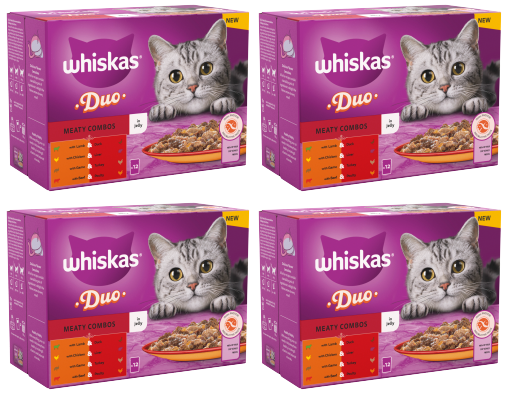 4 x Whiskas Cat 1+ Pouch Jelly Duo Meaty Combos 12 Pack - 12X85Gm