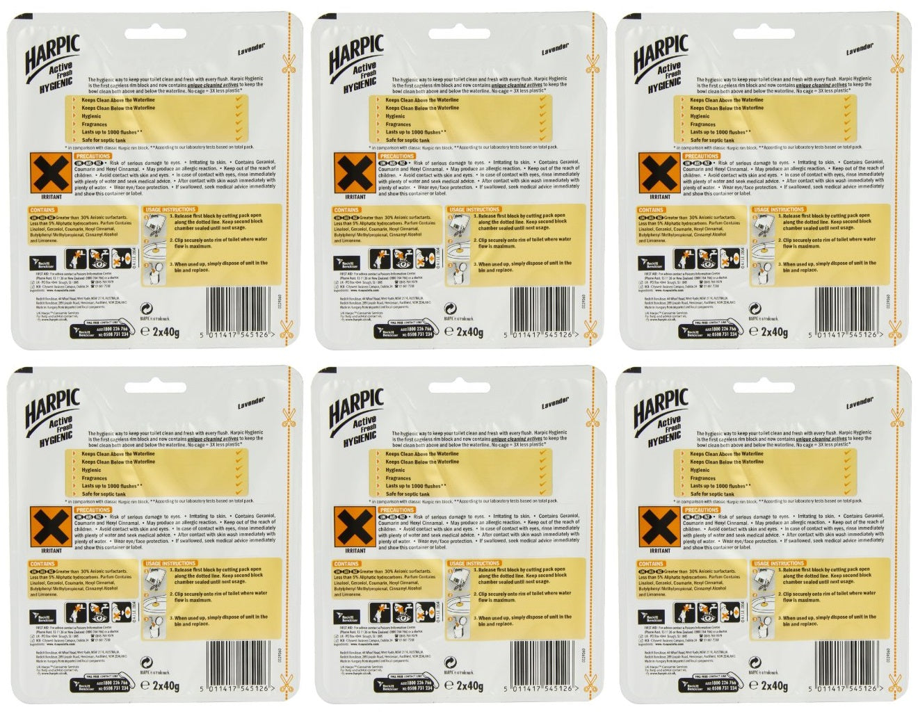 6 x Harpic Active Fresh Hygienic Lavender 2 X 40G