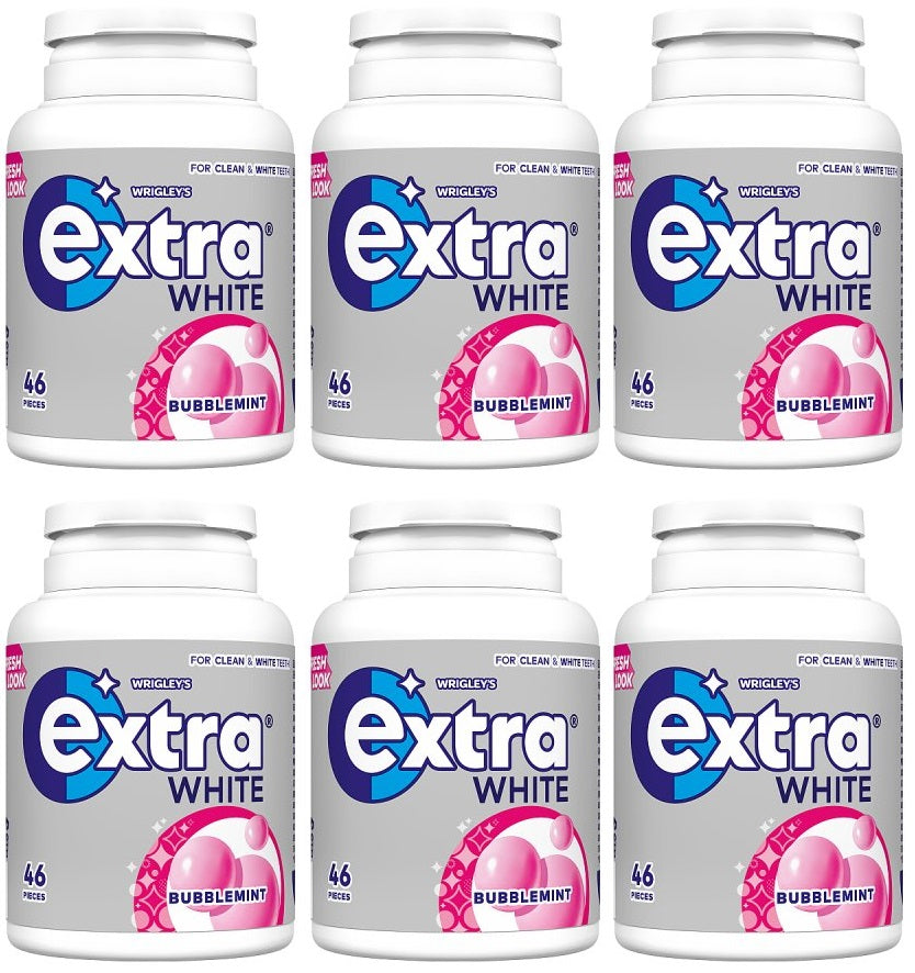 6 x Extra White Bubblemint Sugarfree Chewing Gum Bottle 46 Pieces