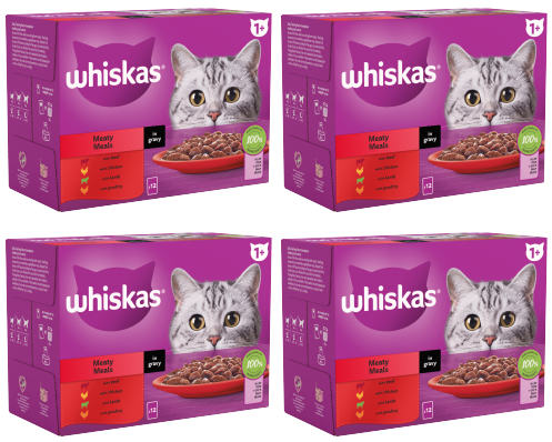 4 x Whiskas Cat 1+ Pouch Gravy Meaty Meals 12 Pack - 12X85Gm