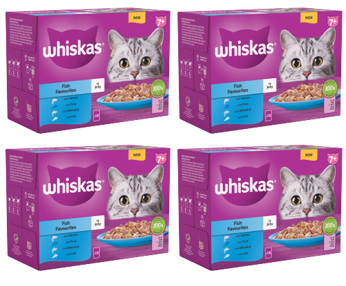 4 x Whiskas Cat 7+ Pouch Jelly Fish Favourites 12 Pack - 12X85Gm