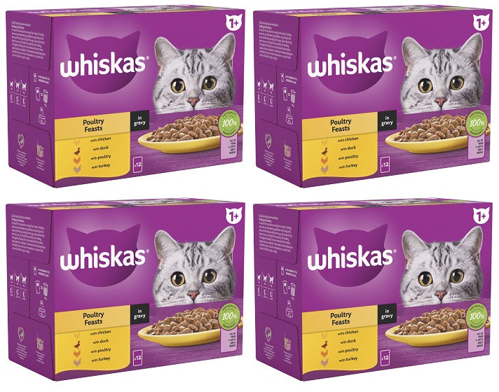4 x Whiskas 1+ Poultry Feasts In Gravy 12 X 85G (1.02Kg)