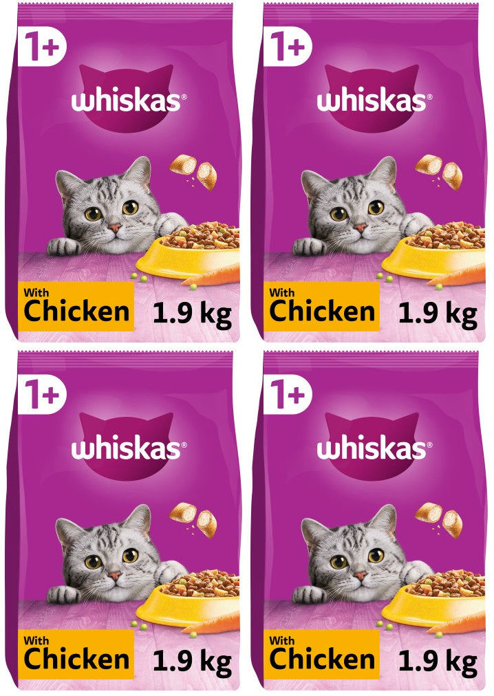 4 x Whiskas 1+ Chicken Adult Dry Cat Food 1.9Kg