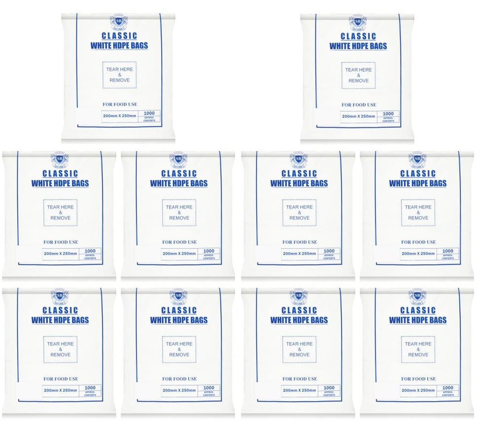 10 x Shabra Classic White Hdpe Bags 200Mm X 250Mm