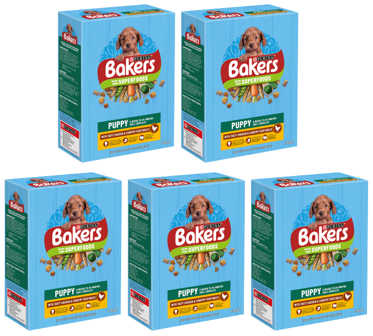 5 X Purina Bakers Puppy Chicken Rice & Veg & Wholgrain 1.1Kg