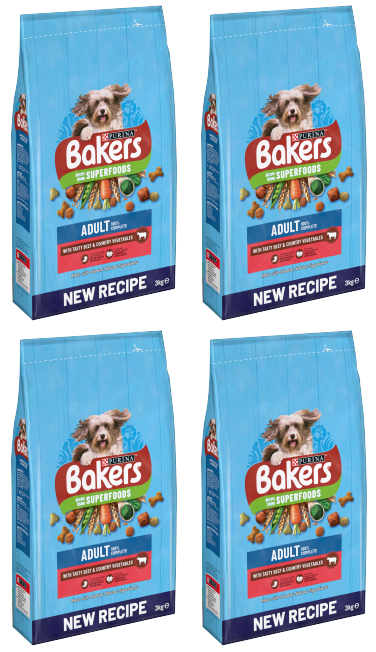 4 x Purina Bakers Adult Beef & Vegetable & Wholegrain 3Kg
