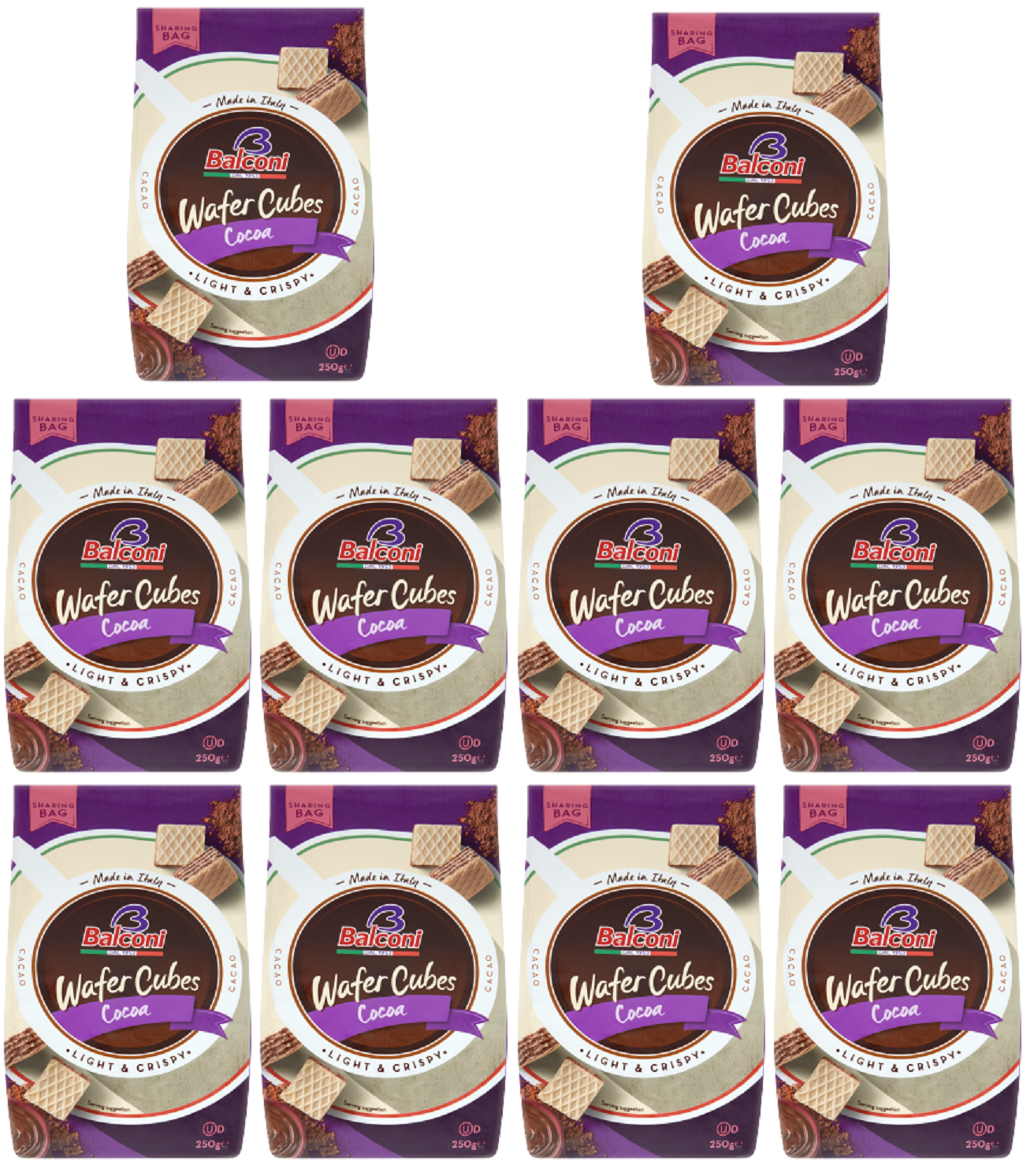 10 x Balconi Cubi Wafer Bag Cocoa - 250GM