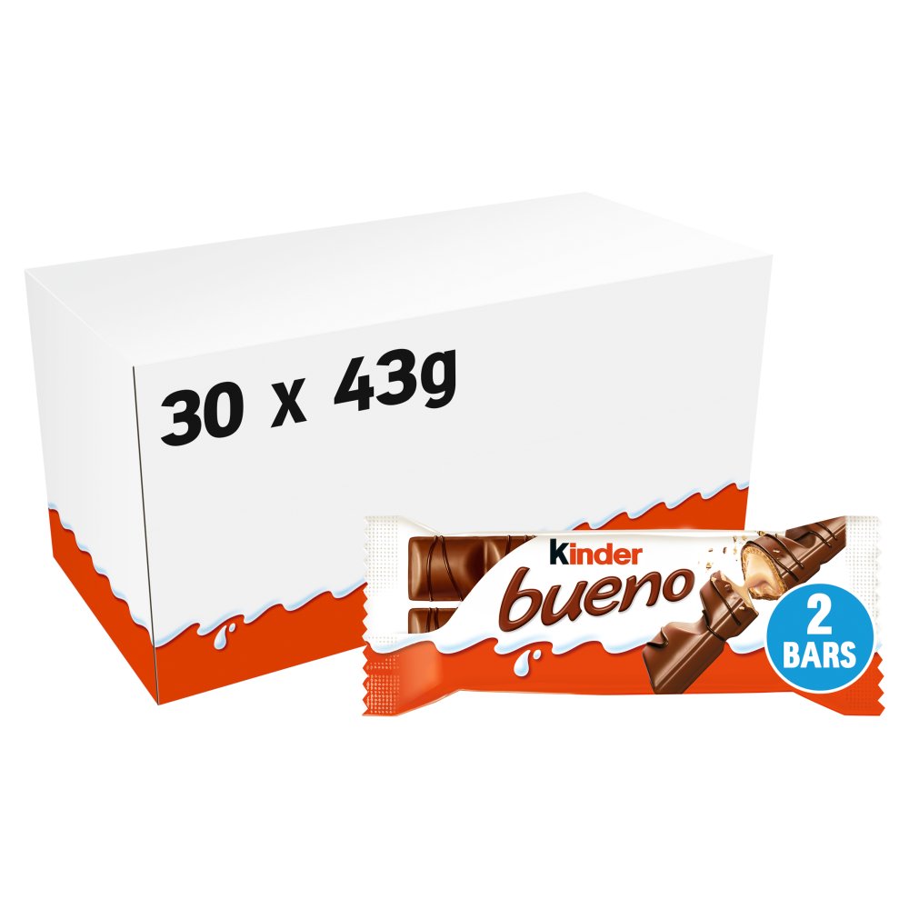 30 x Kinder Bueno Milk Chocolate And Hazelnuts Single Bar 2 Finger X 21.5G (43G)