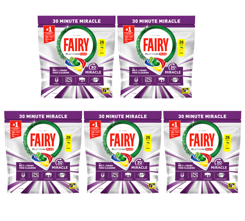 5 X Fairy Platinium Plus Miracle Dishwash Tablet - 26 Pack