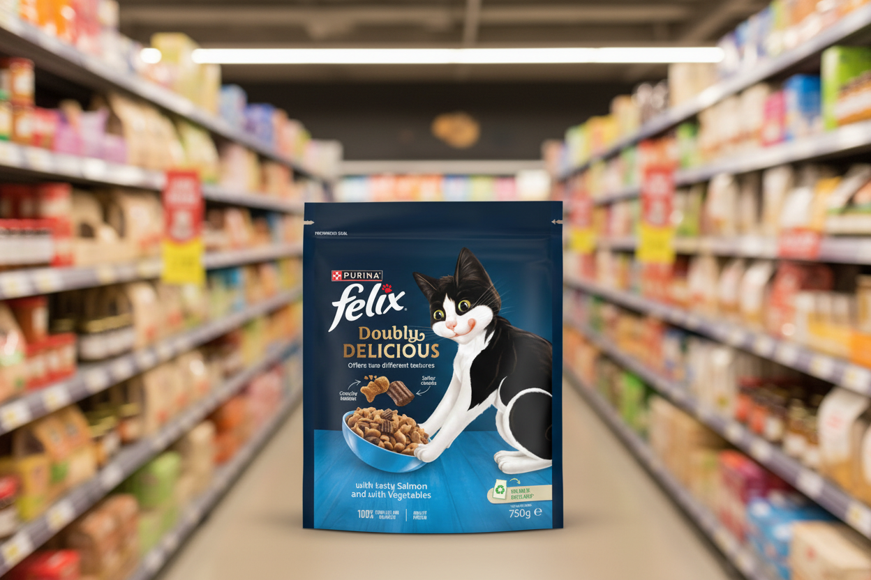 4 x Felix Doubly Delicious Salmon & Veg Dry Cat Food 750G