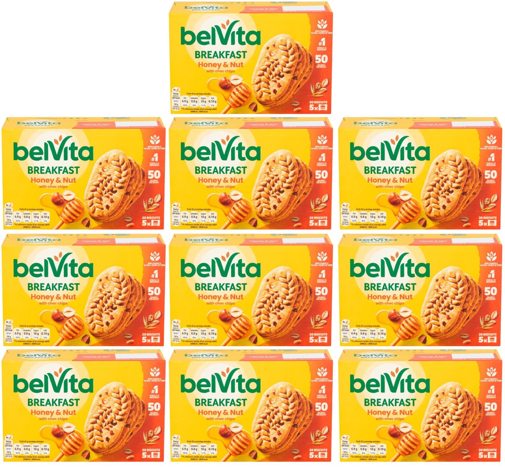 10 x Belvita Breakfast Biscuits Honey And Nuts 5 Packs 225G