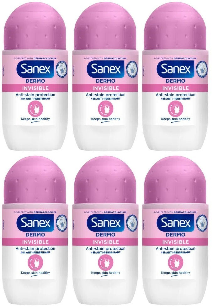 6 x Sanex Dermo Invisible Antiperspirant Deodorant Roll-On 50Ml