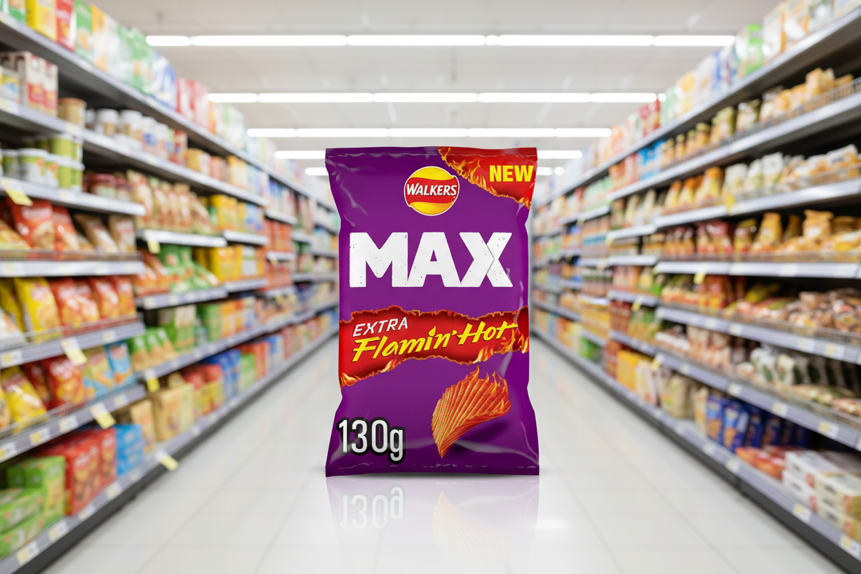 12 x Walkers Max Extra Flamin  Hot Sharing Bag Crisps 130G