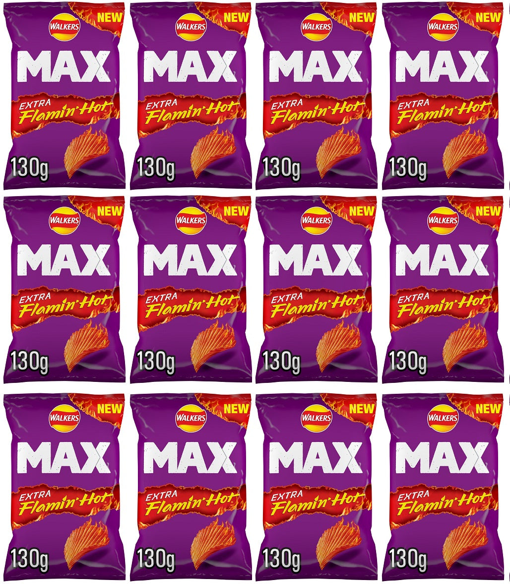 12 x Walkers Max Extra Flamin  Hot Sharing Bag Crisps 130G