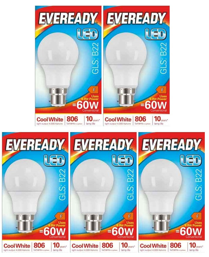 5 x Eveready Led Bulb Cool White Bc 8.2W - Single