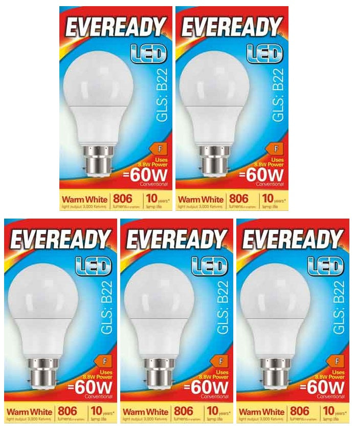 5 x Eveready Led Bulb Warm White Bc 9.6W - Single