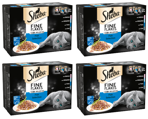 4 X Sheba Fine Flakes Cat Pouches Fish In Jelly 12Pk 12X85G