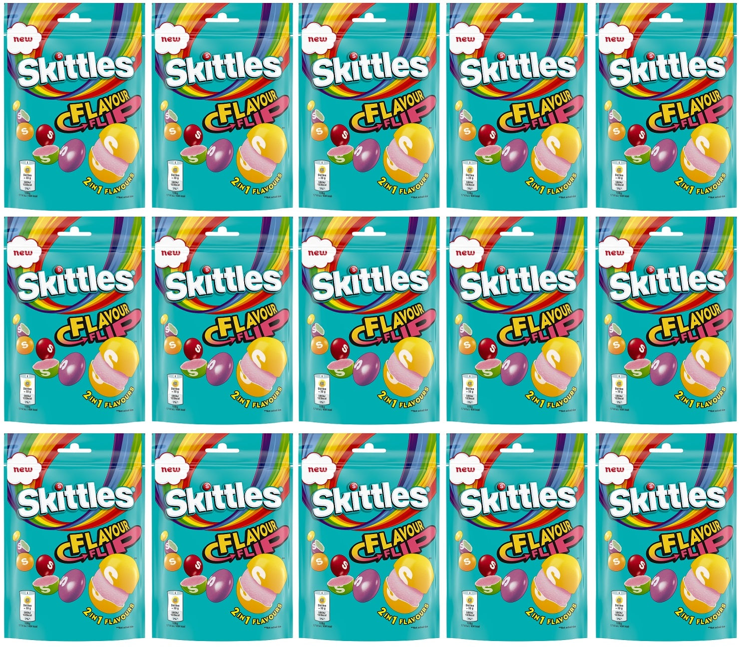 15 X Skittles Flavour Flip Sweets Pouch Bag - 136Gm