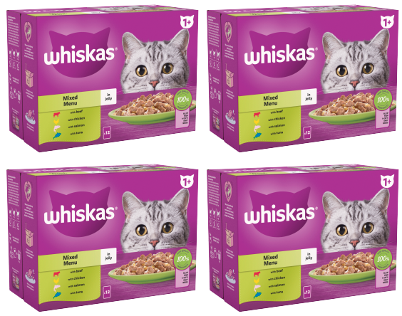 4 x Whiskas Cat 1+ Pouch Jely Mixed Menu 12 Pack - 12X85Gm