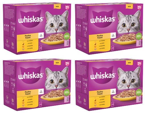 4 x Whiskas Cat 7+ Pouch Jelly Poultry Feasts 12 Pack - 12X85Gm