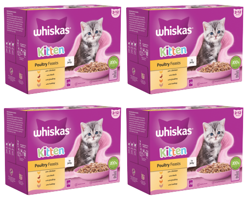 4 x Whiskas Kitten Pouch Jelly Poultry Feasts 12 Pack - 12X85Gm