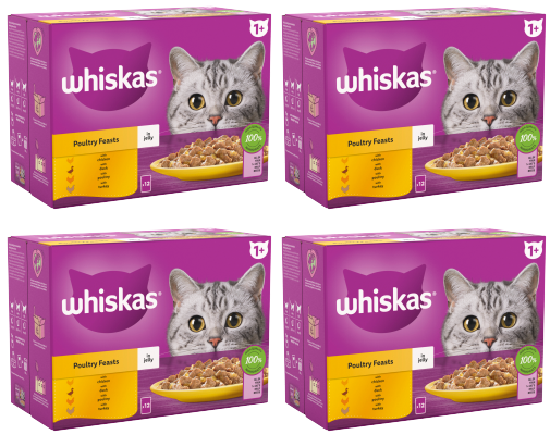 4 x Whiskas Cat 1+ Pouch Jelly Poultry Feast 12 Pack - 12X85Gm