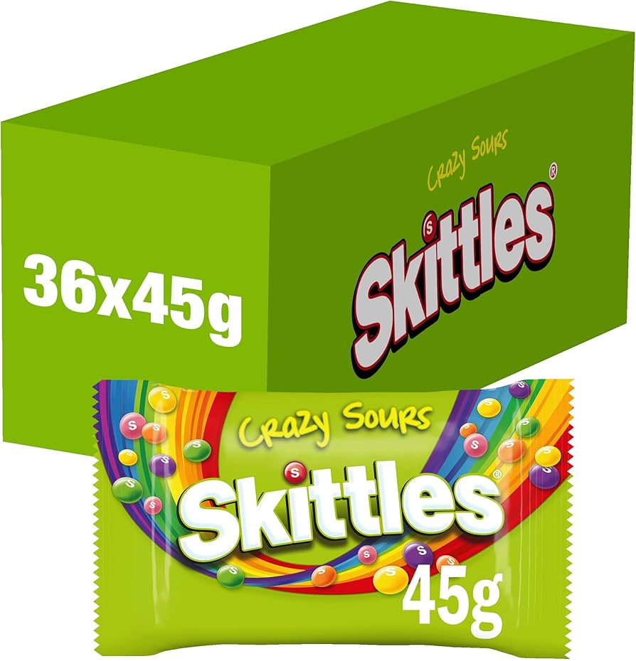 36 x Skittles Vegan Chewy Crazy Sour Sweets Fruit Flavoured  Bag 45G