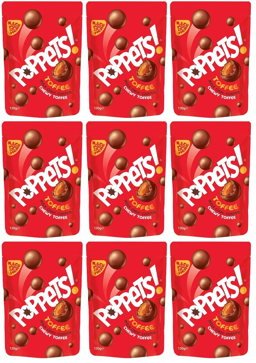 9 x Poppets Toffee Milk Choc Coated Chewy Toffee 130G