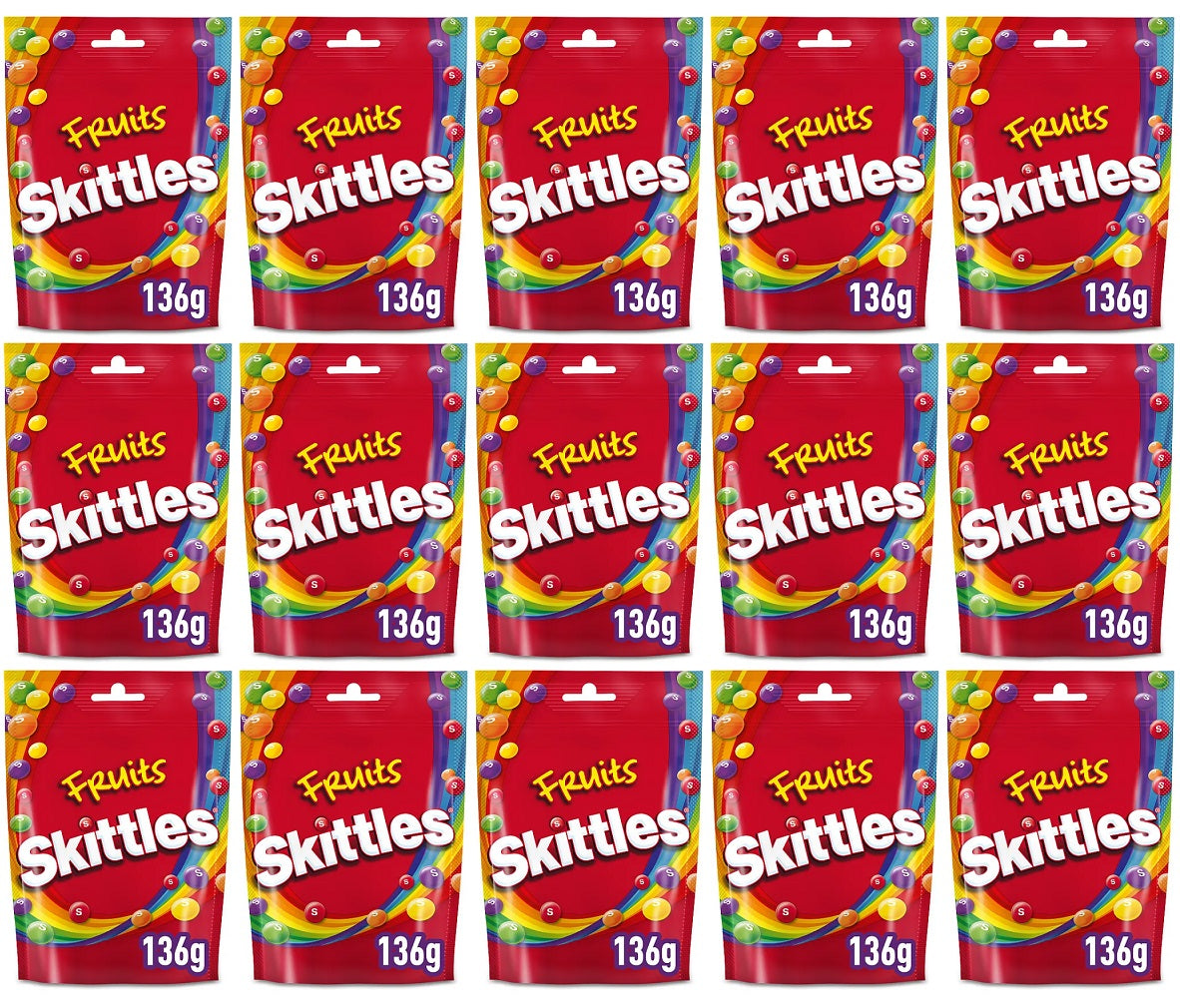 15 x Skittles Vegan Chewy Sweets Fruit Flavoured Pouch Bag 136G