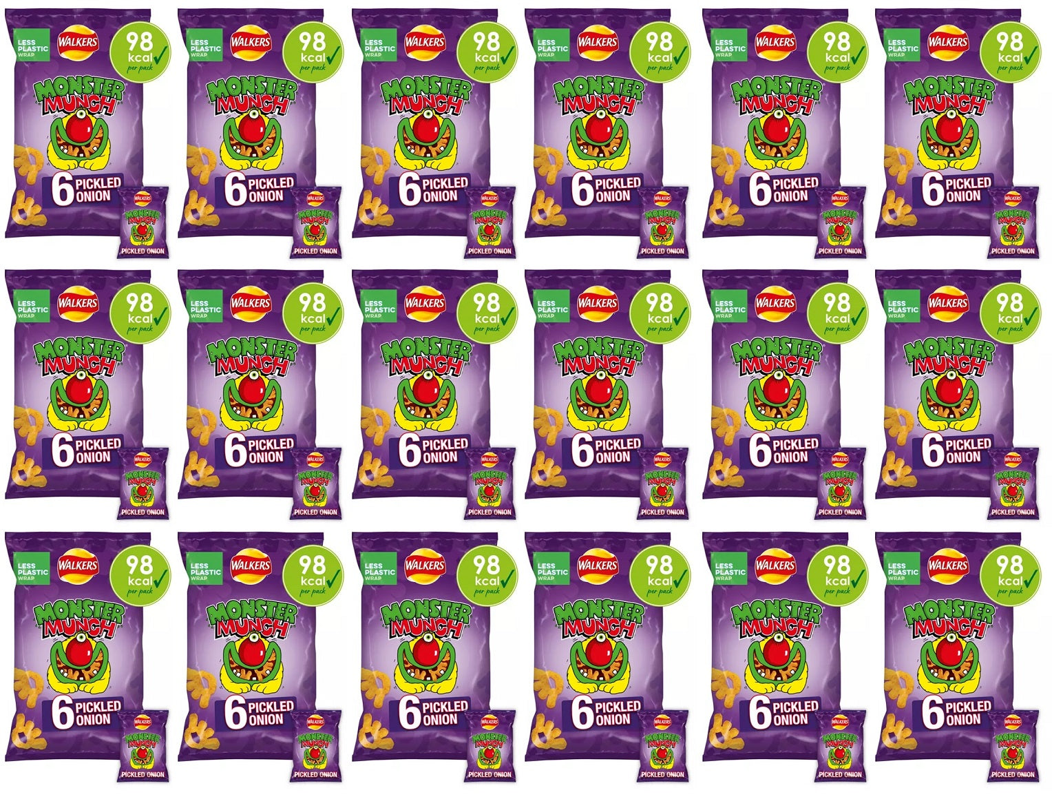 18 x Walkers Monster Munch Pickled Onion Multipack Snacks 6X20G